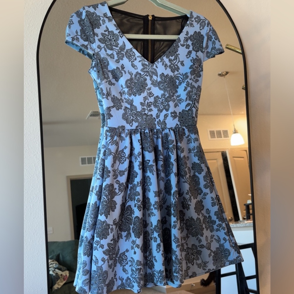 B Darlin Fit n Flare Mesh Back Dress